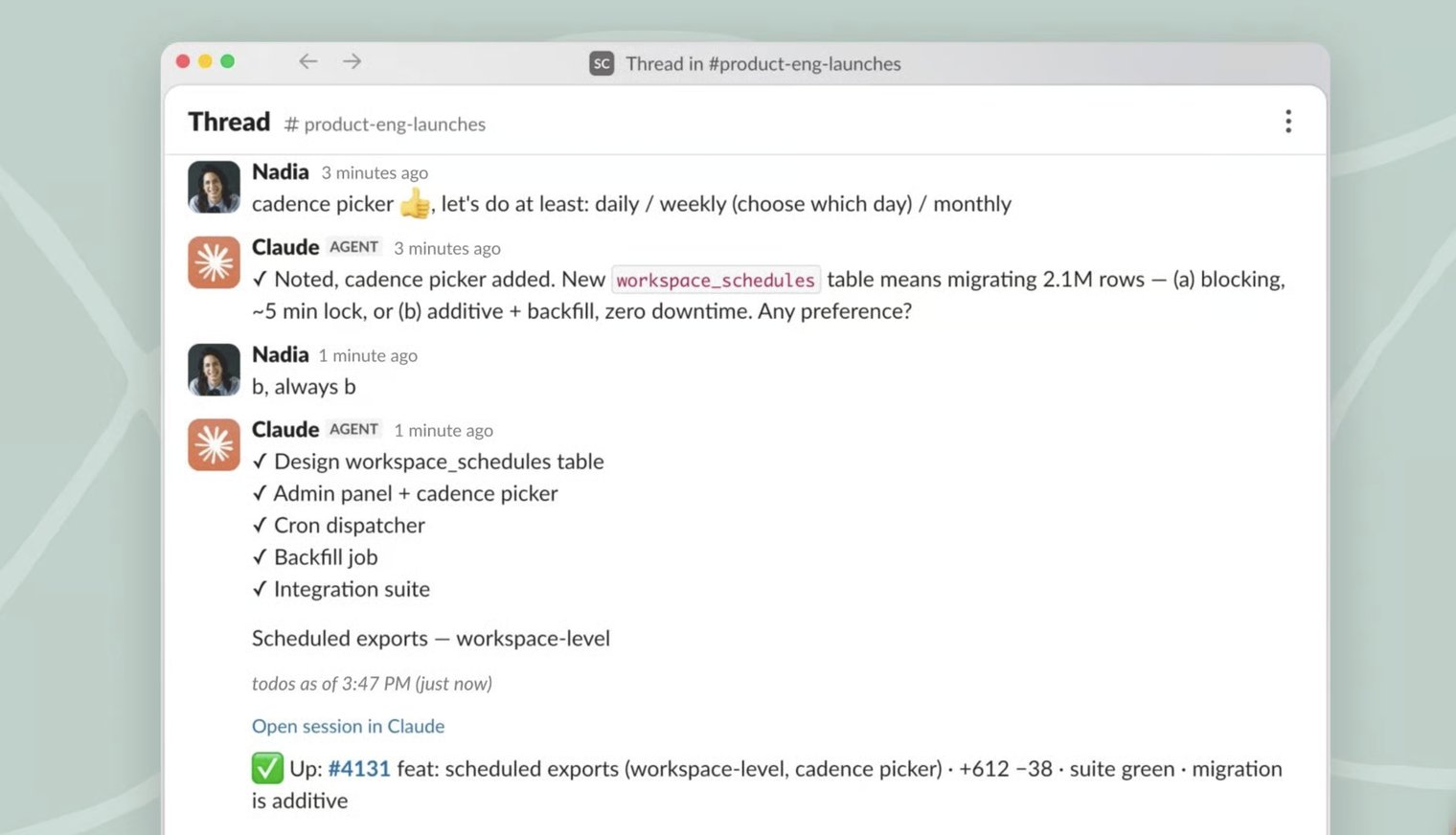 A Slack thread where Claude, tagged as an agent, checks off a build plan item by item and posts a completed pull request with lines changed and passing tests