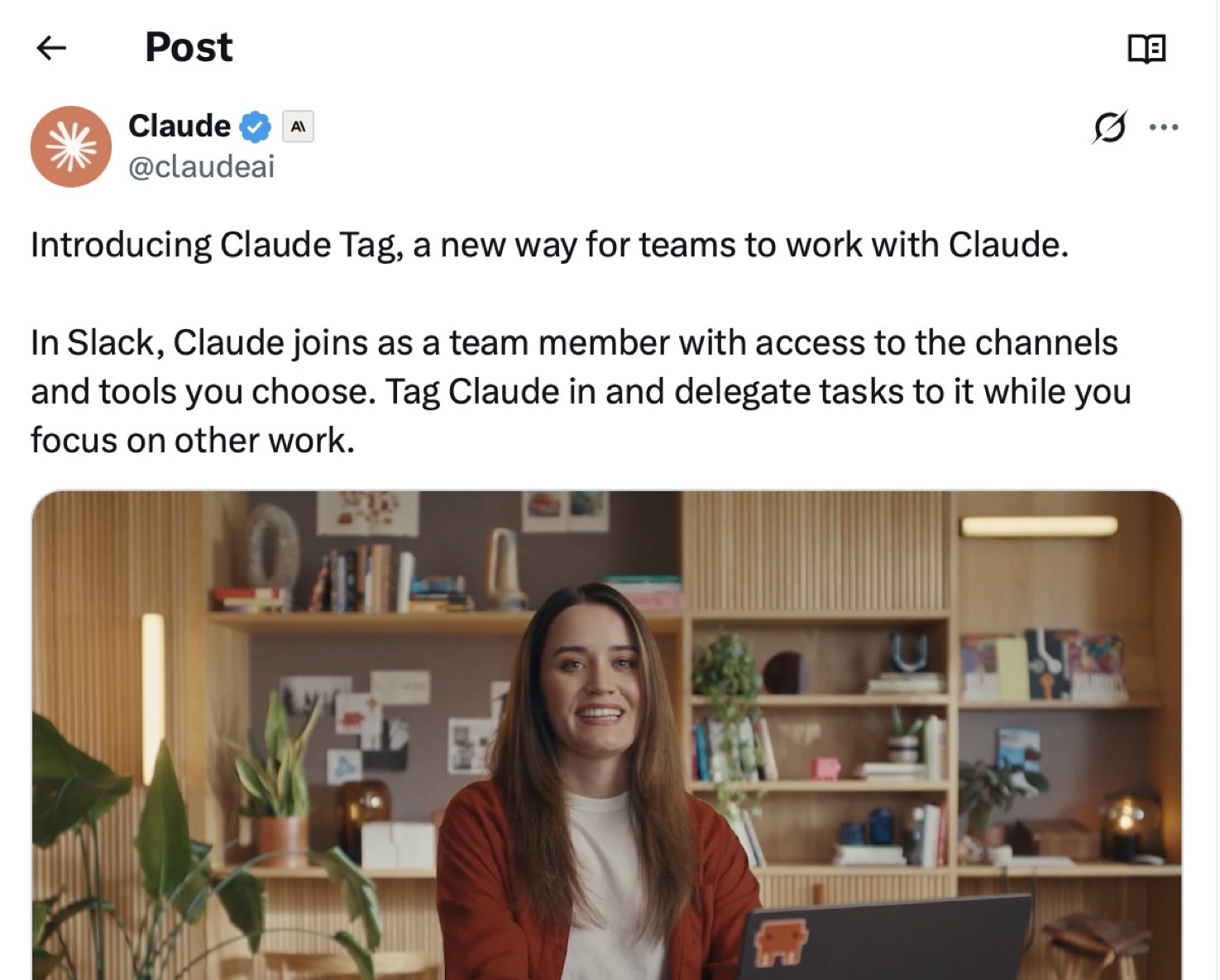 Anthropic's launch post for Claude Tag on 23 June 2026, describing Claude joining Slack as a team member you tag in to delegate tasks