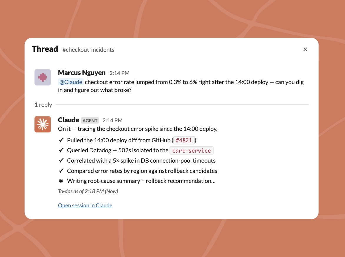 A Slack thread where an engineer asks @Claude to investigate a checkout error spike, and Claude reports back a checklist of what it pulled, queried and correlated
