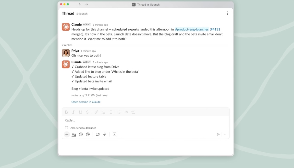 A Slack thread where Claude, labelled AGENT, flags that scheduled exports shipped, a teammate replies, and Claude reports back a checklist of what it updated