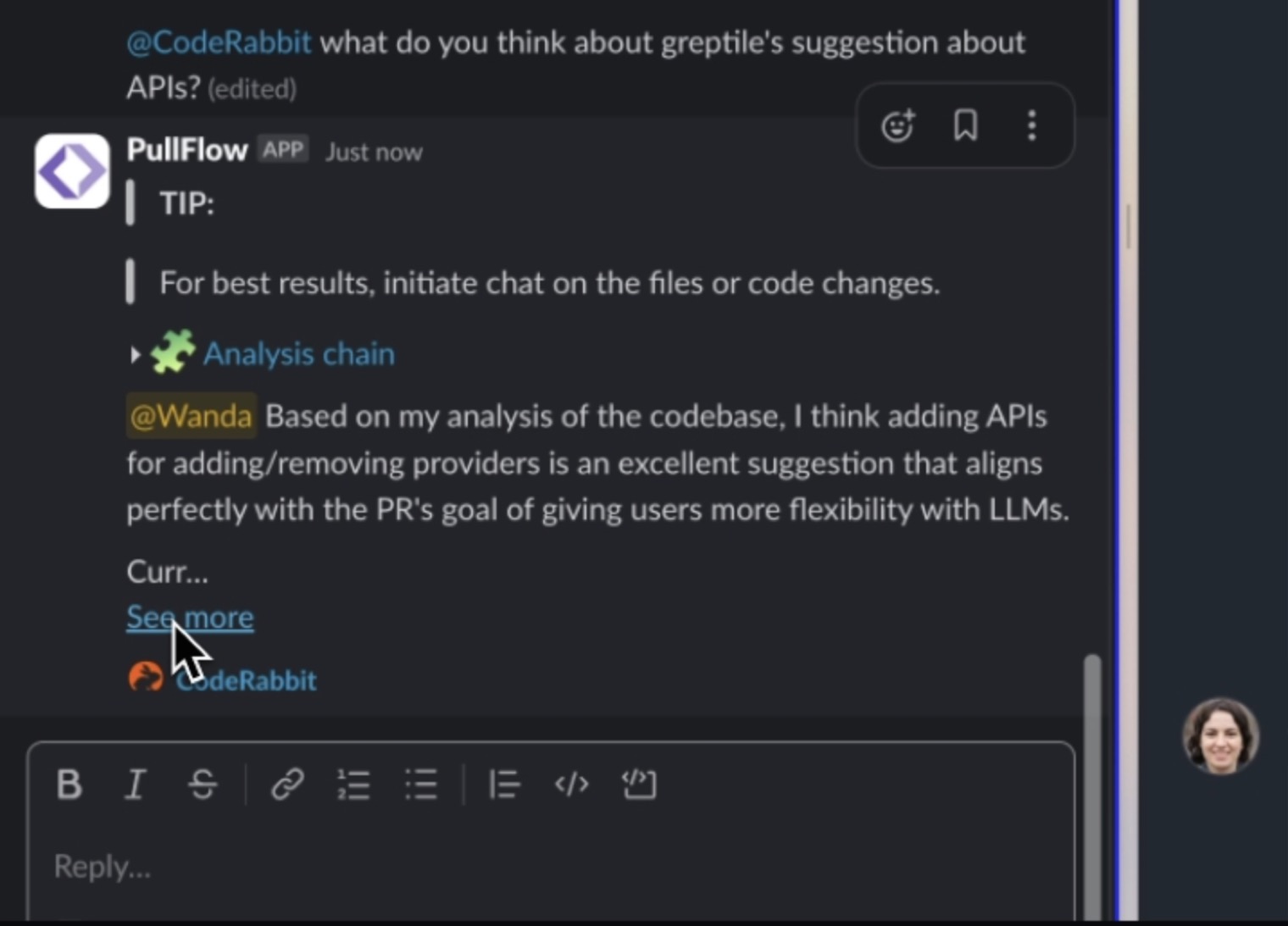 A pull request thread where CodeRabbit is asked about a teammate's API suggestion and answers inline with an expandable analysis chain