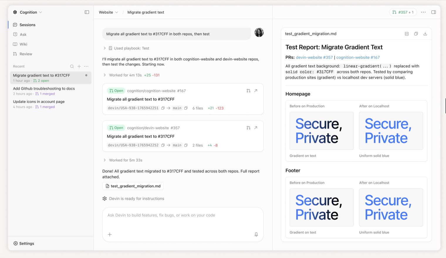 A Devin session that migrated gradient text across two repositories, opened two pull requests and attached a test report