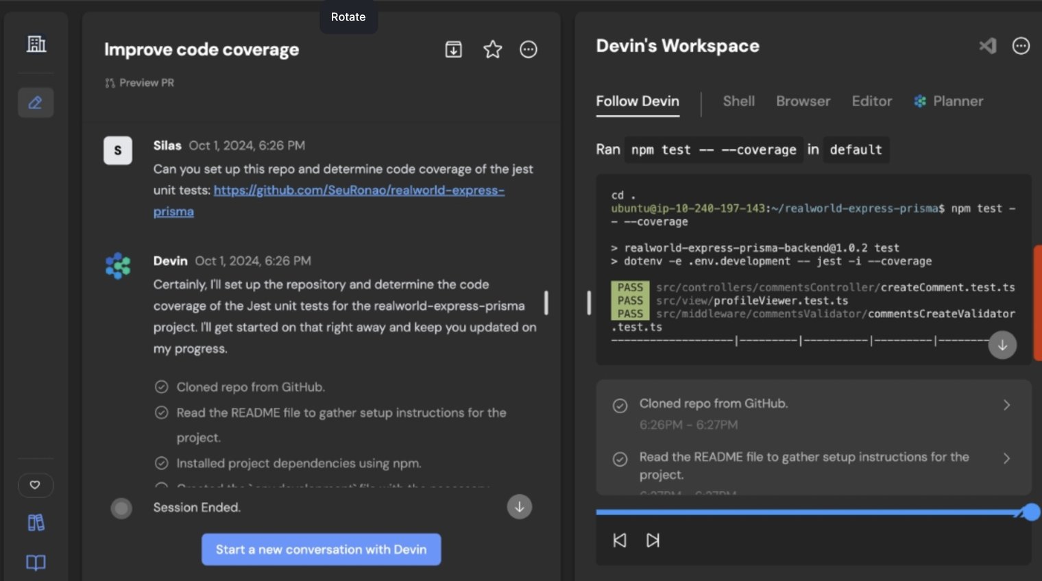 A split view of a Devin session: the request thread on the left, and Devin's own workspace on the right running the test suite with passing coverage
