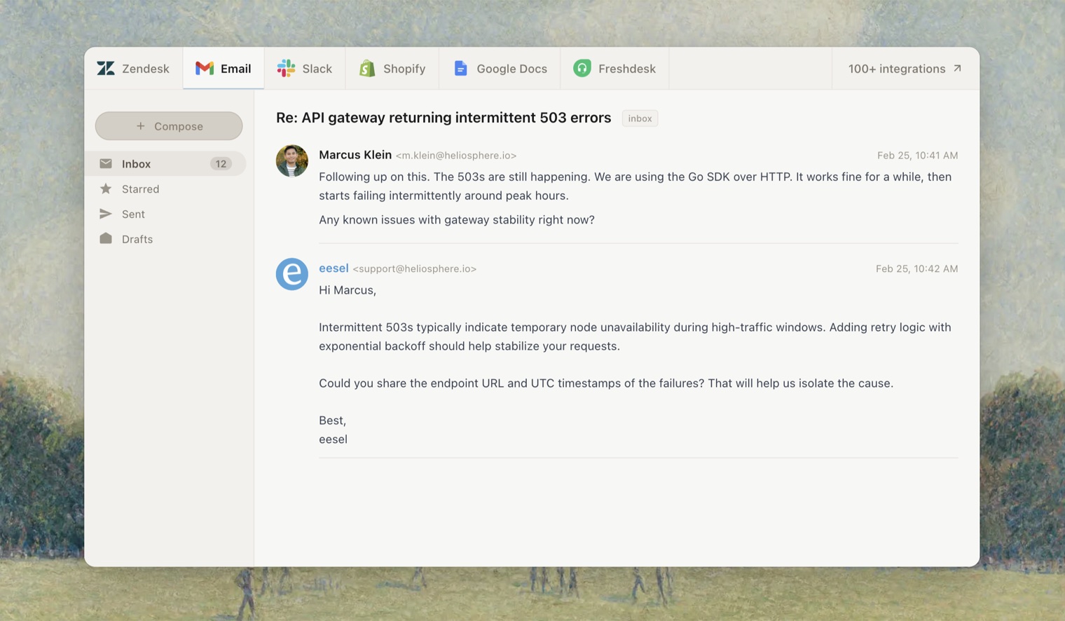 eesel drafting a reply to a support email about intermittent 503 errors, with Zendesk, Slack, Shopify, Google Docs and Freshdesk tabs across the top