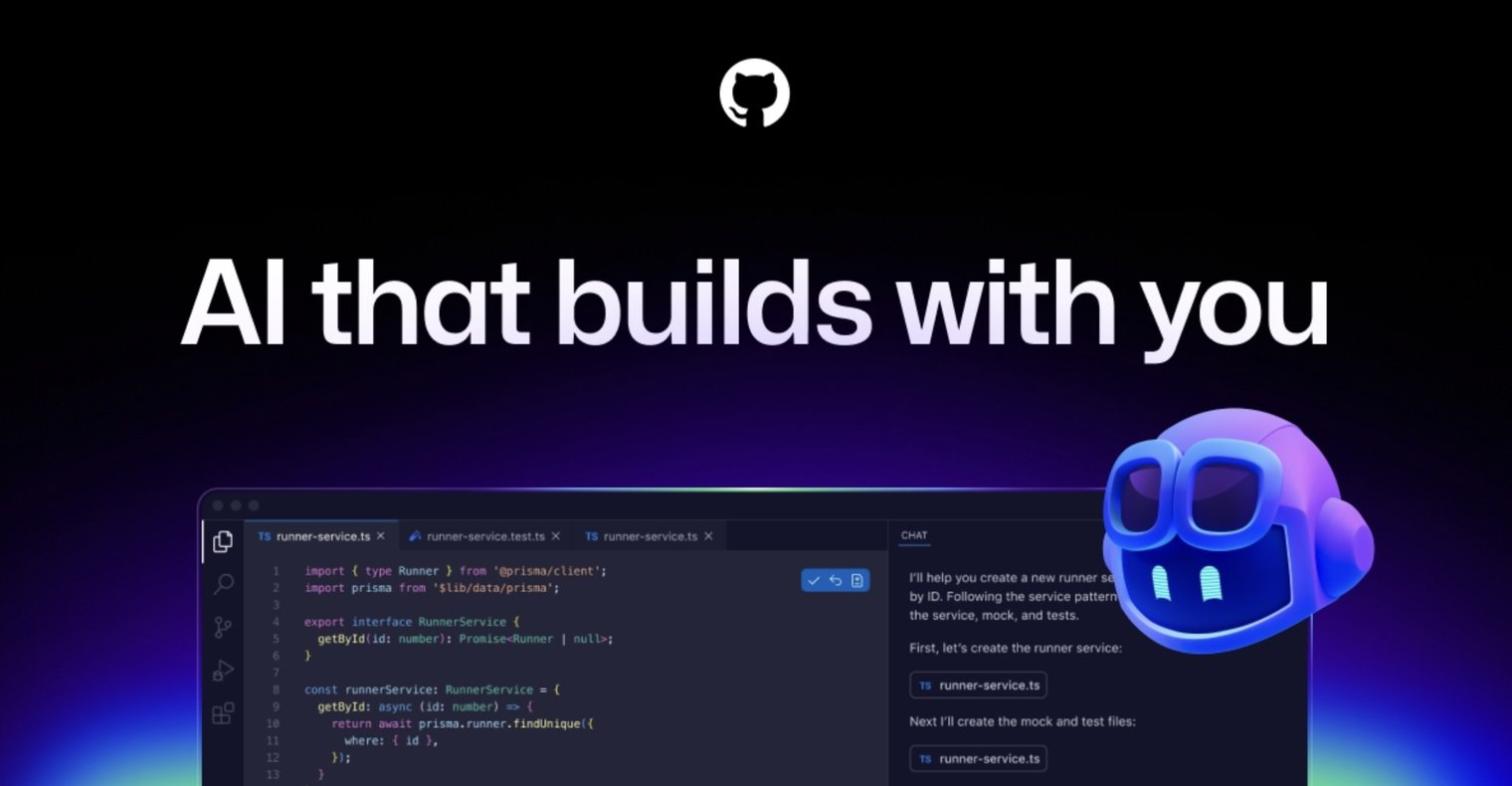 GitHub's launch graphic for the new Copilot experience, headlined "AI that builds with you", over an editor pane with the chat panel Copilot uses to plan and write files