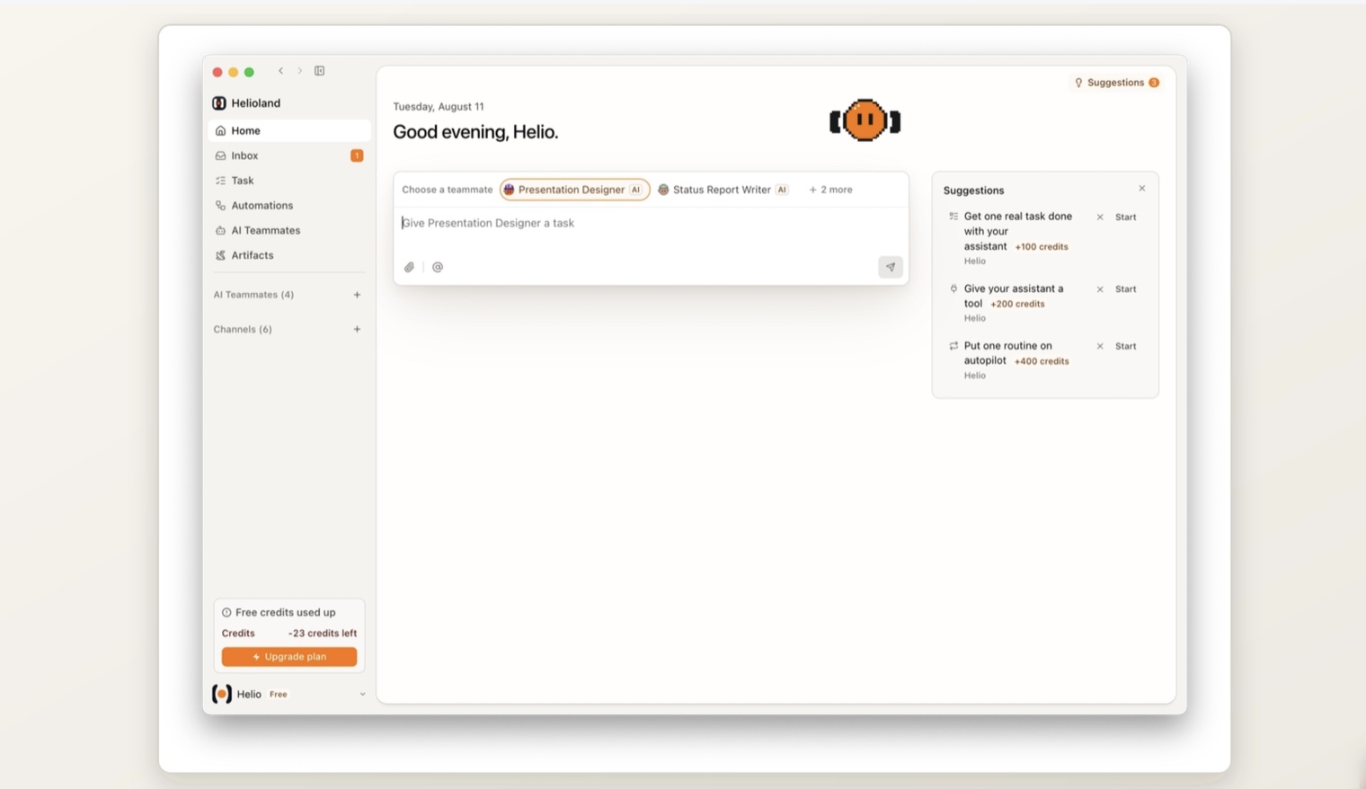 The Helio home screen with four named AI teammates, six shared channels, and a task box addressed to a teammate called Presentation Designer