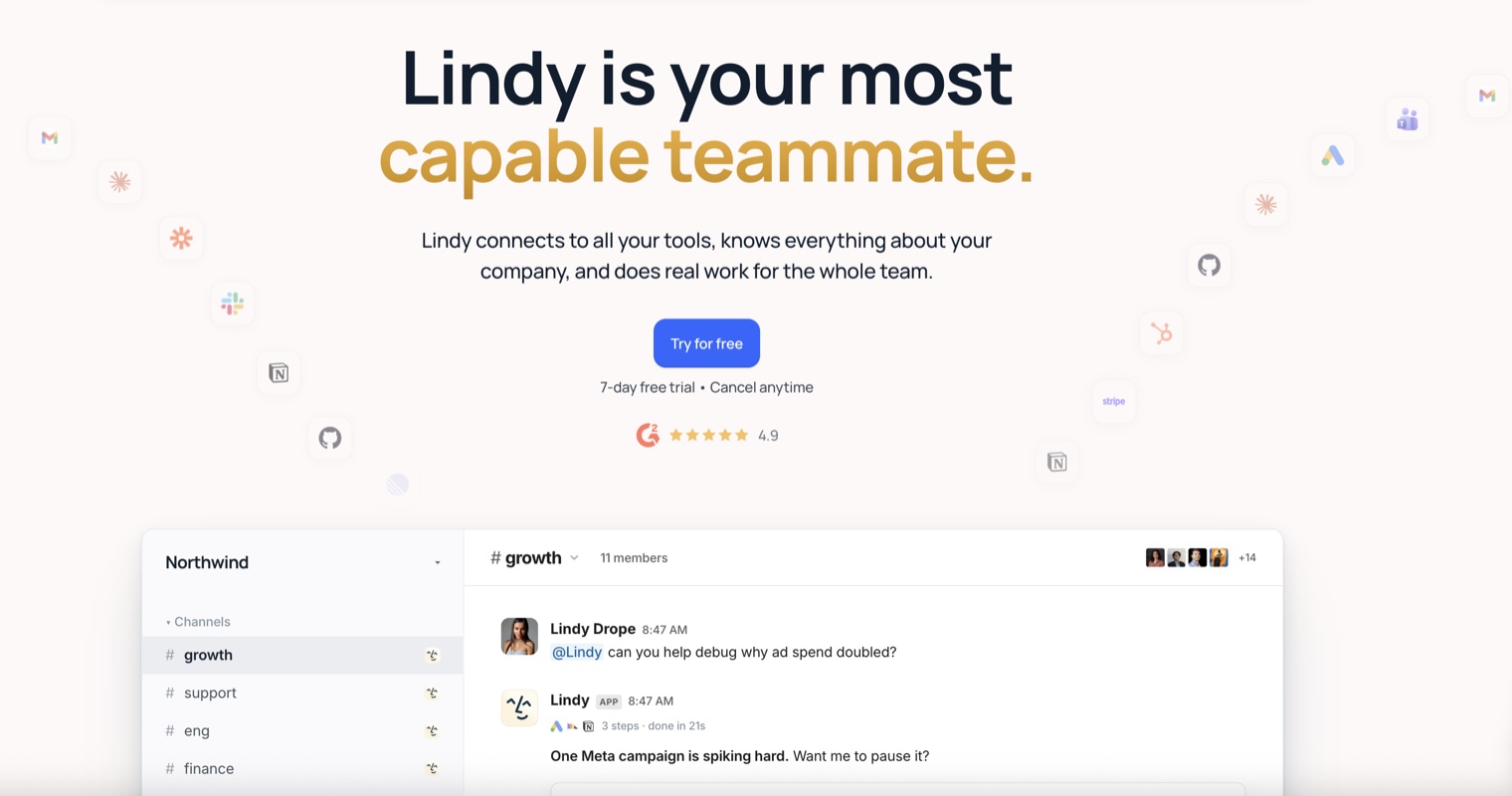 Lindy positioned as your most capable teammate, above a Slack-style channel where Lindy is mentioned to debug a spike in ad spend