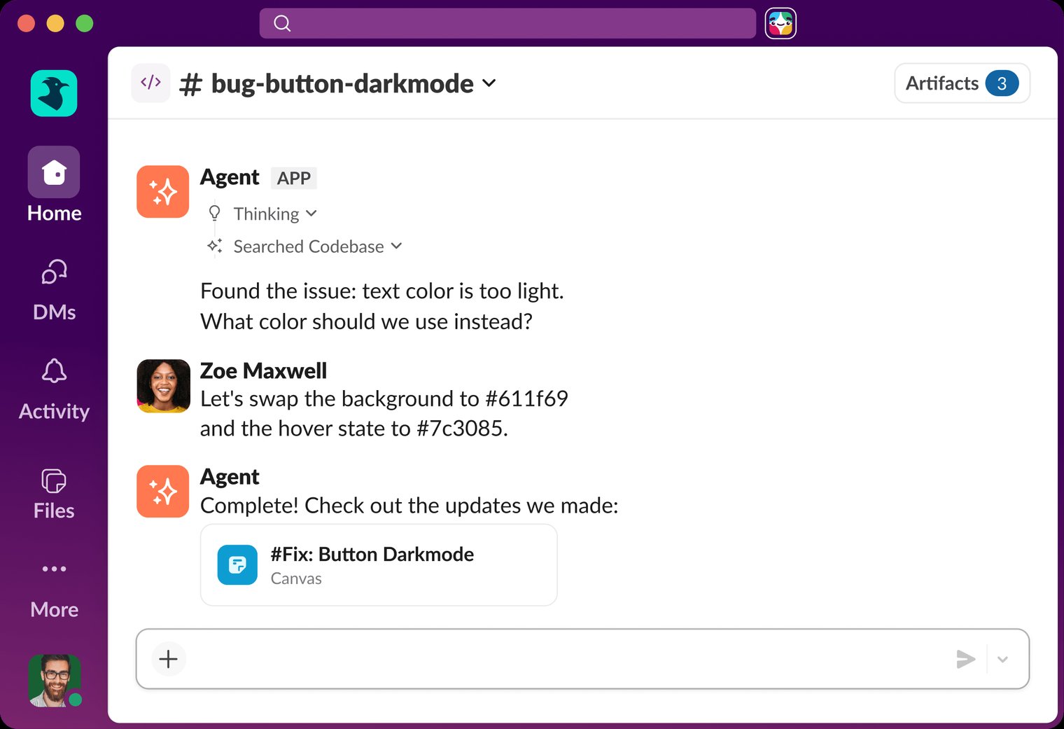 A Slack code channel showing an agent's Thinking and Searched Codebase steps, a teammate supplying colour values, and the agent completing with a canvas