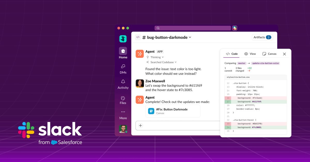 Slack Code announcement artwork showing a code channel with a diff and attached agent and teammate chips