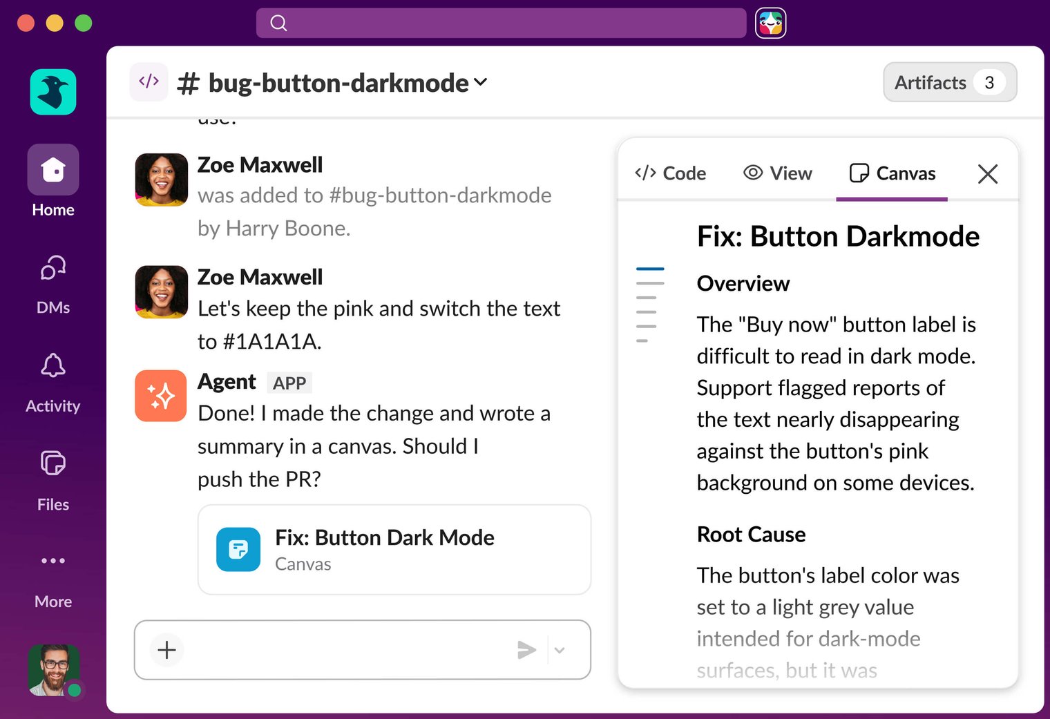 A Slack code channel with Code, View and Canvas tabs open, where a teammate is added mid-task, gives a colour decision, and the agent asks whether it should push the pull request