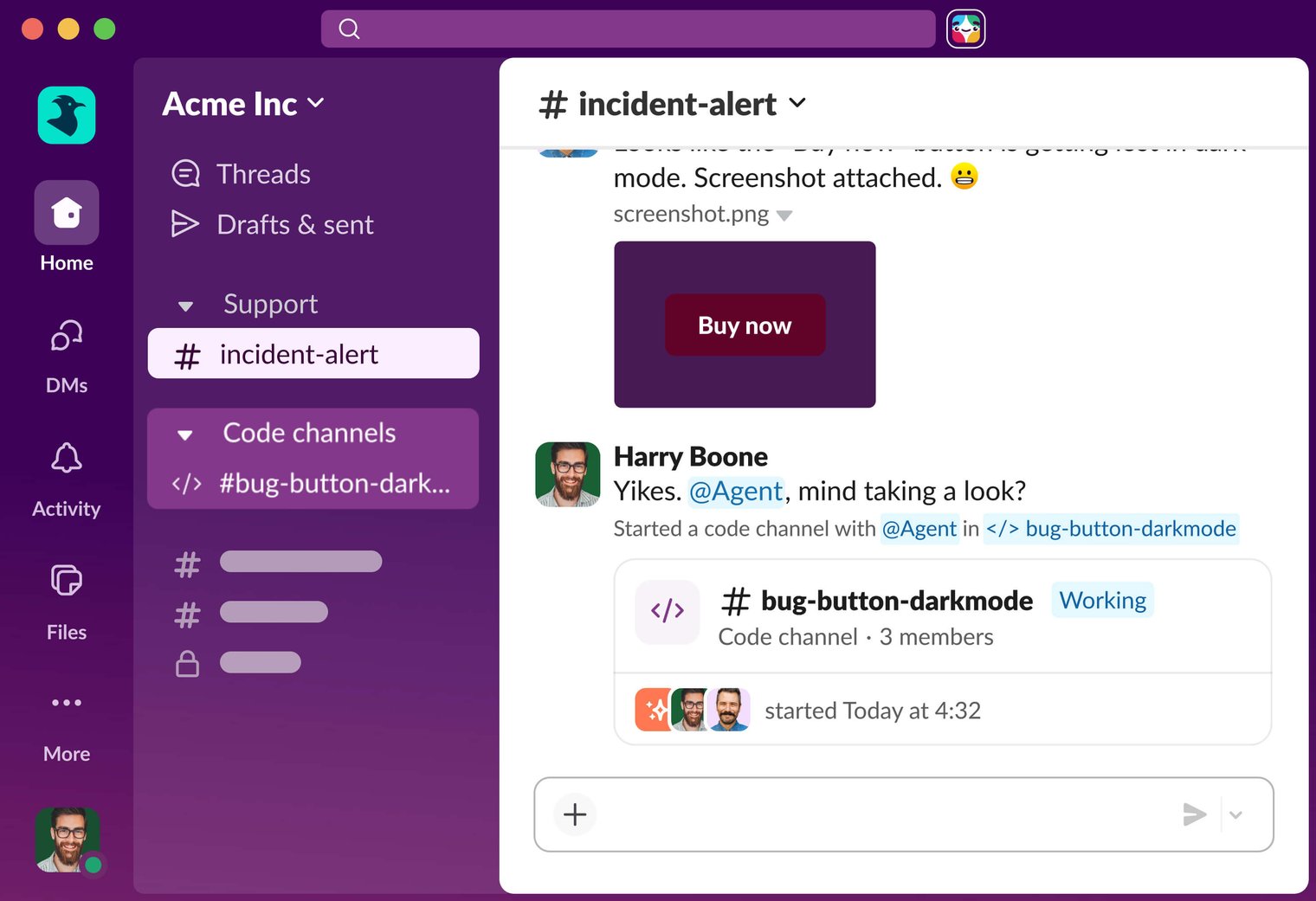 A Slack thread where a user tags an agent about a dark-mode bug, and Slack creates a dedicated code channel named bug-button-darkmode marked Working