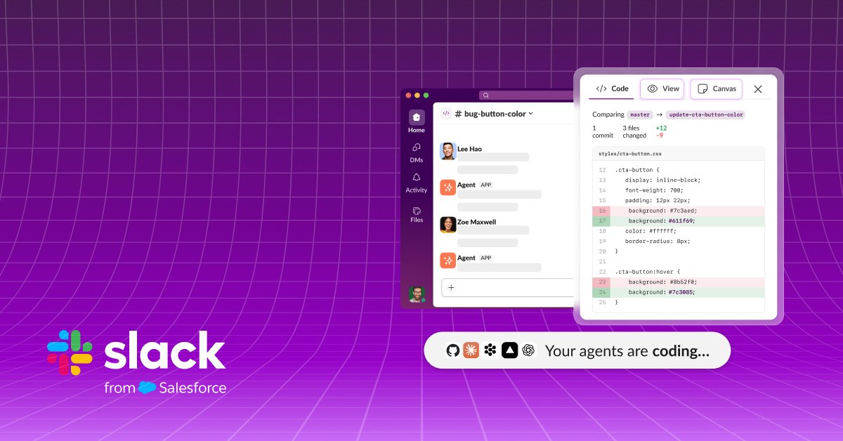 Slack Code launch artwork showing a code channel with a diff open and Claude and Devin agent chips alongside human collaborators