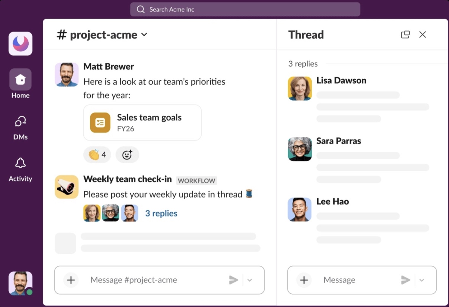 A Slack workflow posting a weekly team check-in reminder asking people to reply in thread